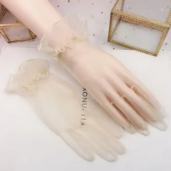 Летни Тънки мрежести марля ръкавици за булката, булчински Секси Прозрачни Черни, червени Къси дизайнерски ръкавици, дамски ръкавици-ръкавици без пръсти, защитени от uv