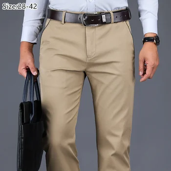 Модел панталони Мъжки дрехи Плътни есенни бизнес опъната прави панталони без гладене за работа в офис Цвят Каки Плюс Размера на мъжки костюм