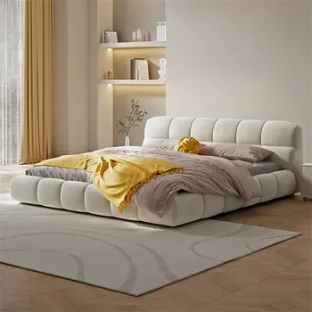 Модерен минималистичен текстилен рамка легла за обзавеждане на спалня, кадифе двойно легло в скандинавски кремовом стил, легло за главния спални