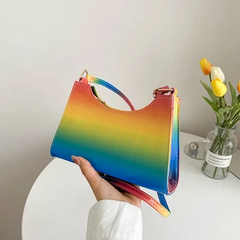 Модерна дамска чанта за през рамото на цветове на дъгата, дамска чанта за през рамото от изкуствена кожа, преносими ежедневни дамски чанти-тоут, чанти-портфейли