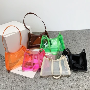 Модни прозрачна чанта за подмишниците, чанта през рамо цвят карамел с цип, желейная чанта, дамска елегантна вечерна чанта