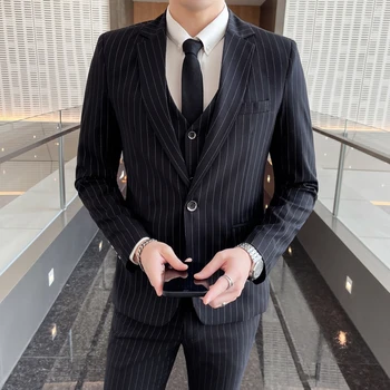 Мъжки модни приталенные Костюми от 3 теми, ежедневни смокинги за сватба, Костюми на младоженеца, мъжки 2022 (блейзър + жилетка + панталони), дрехи черен, син, сив цвят