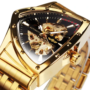 Мъжки часовник WINNER Triangle Skeleton златисто-черни автоматични механични ръчни часовници неправилни форми с луксозен каишка от неръждаема стомана relogio