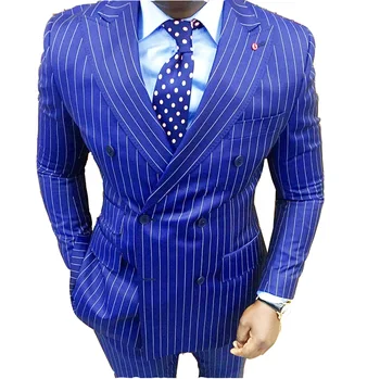 Най-новите модели палта и панталони, царски син смокинг в една вертикална лента на ред, тесни мъжки костюми, 2 броя, блейзър, костюм Terno, яке + панталон