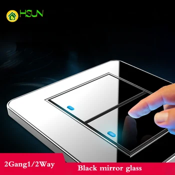 Натиснете ключа от всяка точка на Вид 86 Черно огледално стъкло 2 gang 1Way 2Way Стенен прекъсвач Панел с led луминисцентно осветление