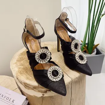 Нов стил, модерен модел дамски обувки, луксозни маркови дамски сандали Rainstone с остри пръсти на висок ток, INS, големи размери, Zapatos Mujer