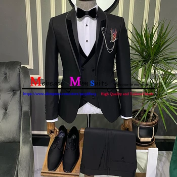 Облекло за младоженеца-комплект от 3 теми, черните мъжки костюми, Оборудвана мъжки сватбен костюм, Сако по поръчка, Комплекти Terno Masculino (яке + Панталон + Елек)