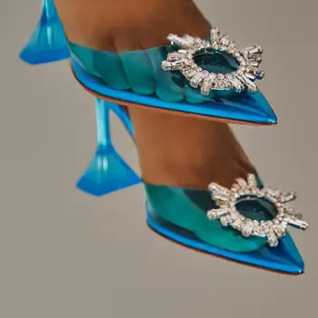 Пикантни вечерни нетрадиционни обувки на висок ток, вечерни дамски сандали с кристали, прозрачни дамски официални обувки от PVC