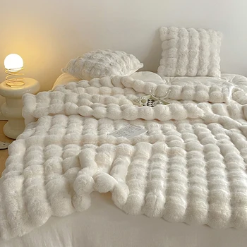 Плюшевое одеяло със заек за зимата, луксозно топлина, Супер удобни завивки за легла, висок клас топло зимно одеало за диван, однотонное