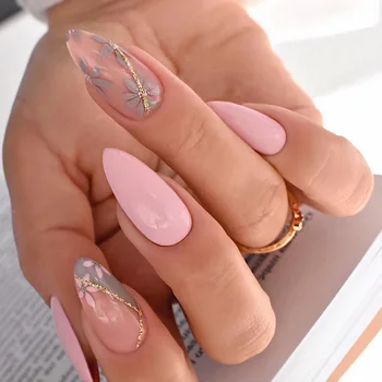Режийни нокти с розово цвете и бадеми, очарователен удобни ноктите за професионално маникюрного салон