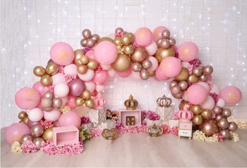 розова принцеса, royal gold royal crown, балон, дъга, цветя, детски плакат за партито по случай рождения ден, фотофоны, фон за снимки