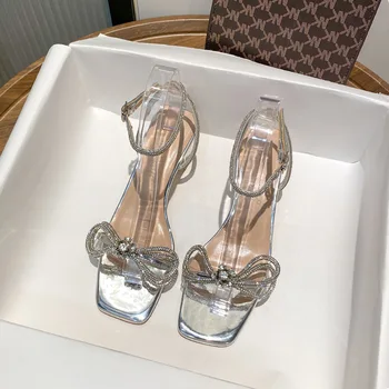 Сандали с кристали, дамски летни сандали 2023 г., нови сандали на висок ток с квадратна глава и папийонка
