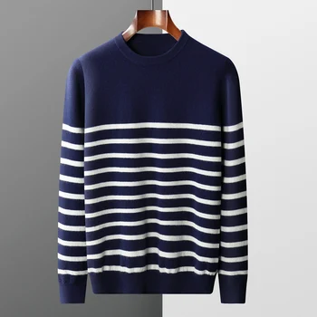 Серия S-xxxL 23, нов мъжки пуловер от 100% чиста вълна, пуловер, всекидневни удобен вязаный пуловер с дълъг ръкав и кръгло деколте, мъжки вълнен пуловер