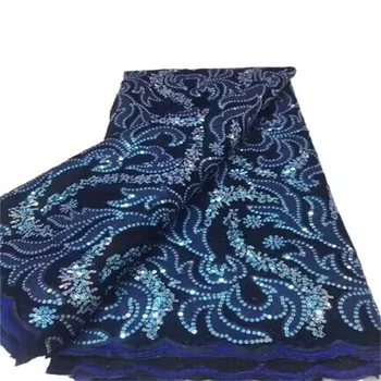 Синя африканска кадифе лейси плат, висококачествена дантела с пайети, френска лейси плат за нигерийски сватбени рокли, 5 ярда бархатного дантела