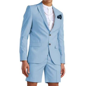 Случайни Години Light blue мъжки костюм с къси панталони, смокинг на Младоженеца от 2 теми, с Плажна сватбена рокля, костюм Homme Mariage (сако + панталон)