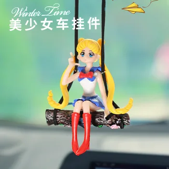 Статуетка на Sailor Moon на анимационни герой от аниме, прекрасна украса за момичета-люлки, Огледало за обратно виждане, окачен медальон, аксесоари за интериора на Колата, Декор