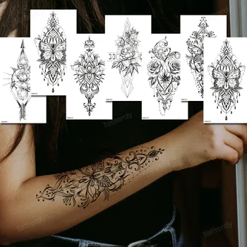 стикер с фалшива татуировка, дамски секси татуировка за боди-арт, водоустойчив временни татуировки в ръкав, черна линия на скица, цвете, лотос, мандала, пеперуда