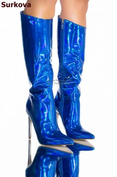 Суркова, синьо, лилаво, сребро, с голограммой, преливащи ботуши до коляното, лещовидна огледално кожени ботуши на тънък висок ток, есенно-зимни обувки