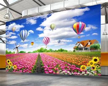 Тапети по поръчка селски пейзаж цвете полето балон 3D хол ТЕЛЕВИЗИЯ фон, с монтиран на стената пейзаж декоративна живопис
