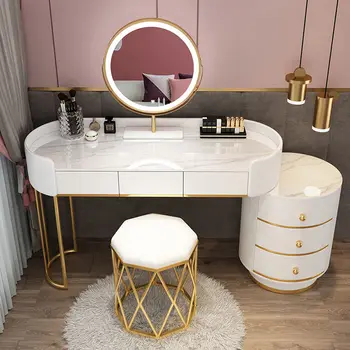 Тоалетка от бяло злато Mordern, Тоалетка с огледало, масичка за грим с led подсветка, 6 кутии за спални, мебели за дома