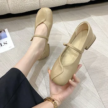 Универсални удобни малки обувки от изкуствена кожа подметка; Женски нови обувки на нисък ток; обувките Мери Джейн на дебелите обувки с кръгло бомбе