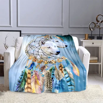 Фланелевое флисовое одеяло Nordic Dream Catcher Спално бельо с принтом вълк, Леки Наметала, пухкави, меки завивки за легла, дивани, аксесоари за дома