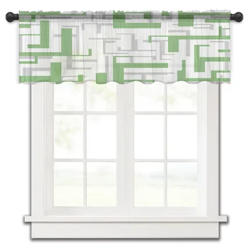 Художествена Геометрия Зелено-Сив Кухненски завеса на малък прозорец, тюл, прозрачен къс завеса, Спалня, хол, Начало декор, вуалевые завеси