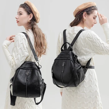 Черна раница-портфейл за жени, чанта, изработена от естествена телешка кожа, чанти за момичета, малко скъпа чанта, луксозен дизайн